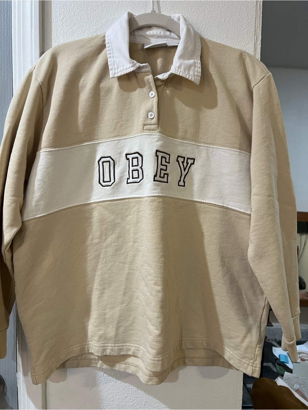 Obey Beige and White Rugby Pullover